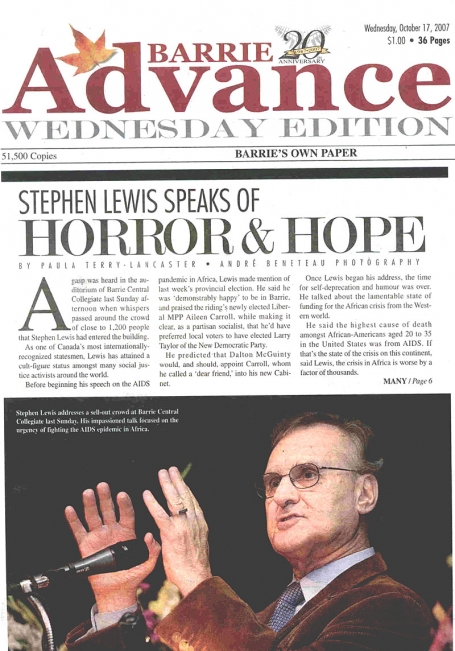<b>Stephen Lewis: African AIDS Crisis — The Barrie Advance</b> image