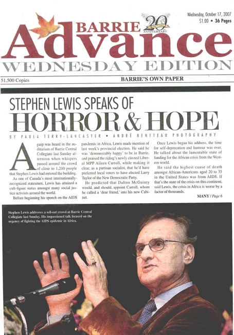 <b>Stephen Lewis: African AIDS Crisis — The Barrie Advance</b>